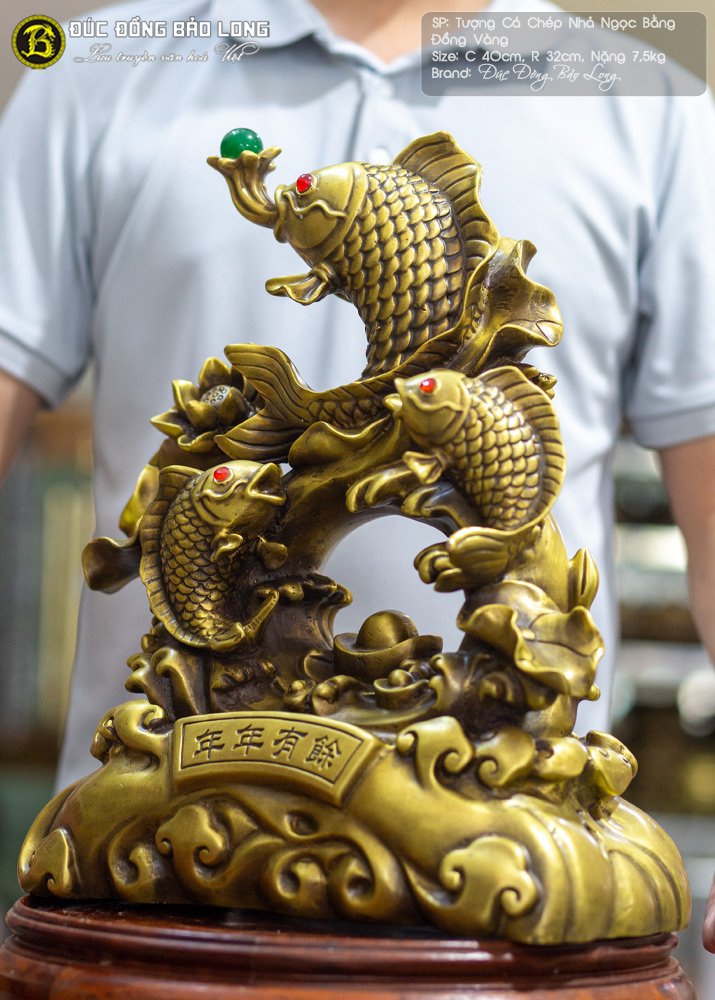 Tượng Cá Rồng Nhả Ngọc Bằng Đồng Vàng Cao 40cm