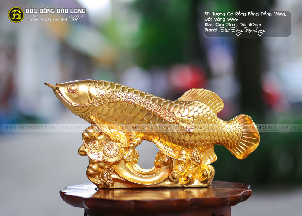 tượng cá rồng đồng vàng dát vàng 9999 cao 21cm