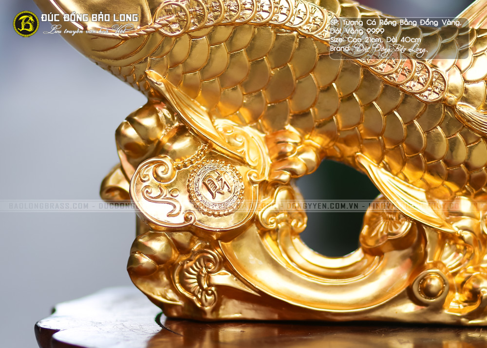 tượng cá rồng đồng vàng dát vàng 9999 cao 21cm