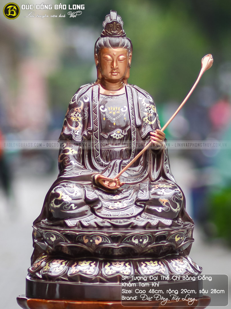 tượng Phật Đại Thế Chí Bồ Tát bằng đồng khảm tam khí cao 48cm