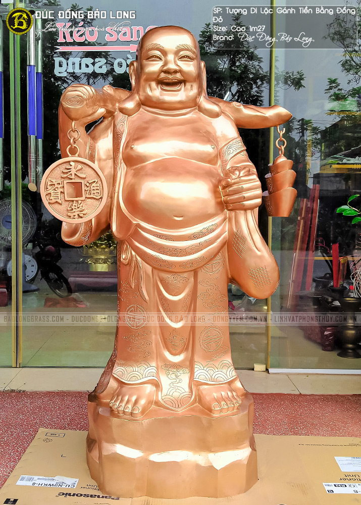 tượng Phật Di Lặc gánh tiền bằng đồng đỏ cao 1m27