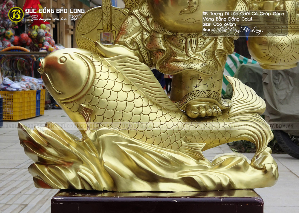 Tượng Phật Di Lặc Cưỡi Cá Chép Gánh Vàng Bằng Đồng Catut Cao 69cm - DL0010