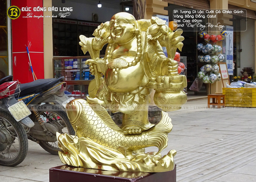 Tượng Phật Di Lặc Cưỡi Cá Chép Gánh Vàng Bằng Đồng Catut Cao 69cm - DL0010