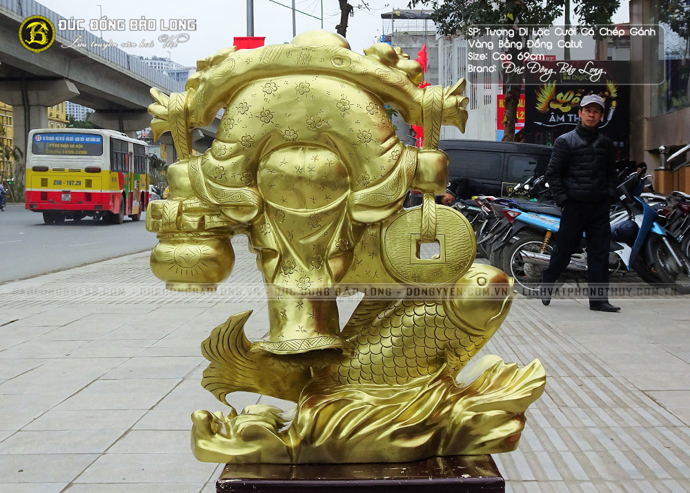 tượng Phật Di Lặc cưỡi cá chép gánh vàng bằng đồng catut cao 69cm