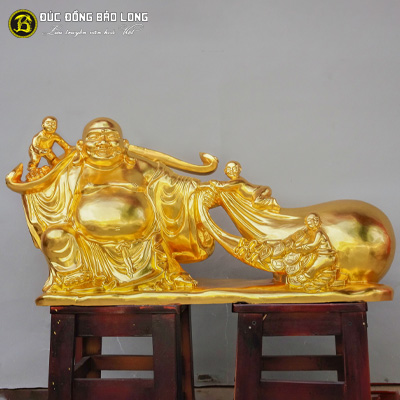 Tượng Phật Di Lặc Tam Phúc Kéo Tiền Bằng Đồng Dát Vàng 9999 Cao 38cm - TDL013