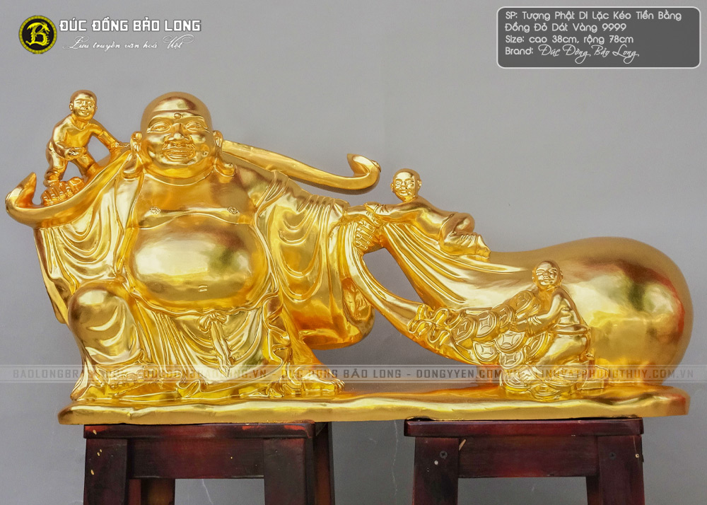 tượng Phật Di Lặc tam Phúc kéo tiền bằng đồng dát vàng 9999 cao 38cm