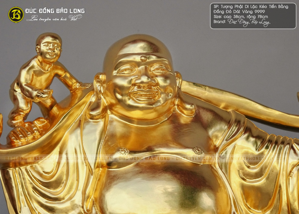 tượng Phật Di Lặc tam Phúc kéo tiền bằng đồng dát vàng 9999 cao 38cm