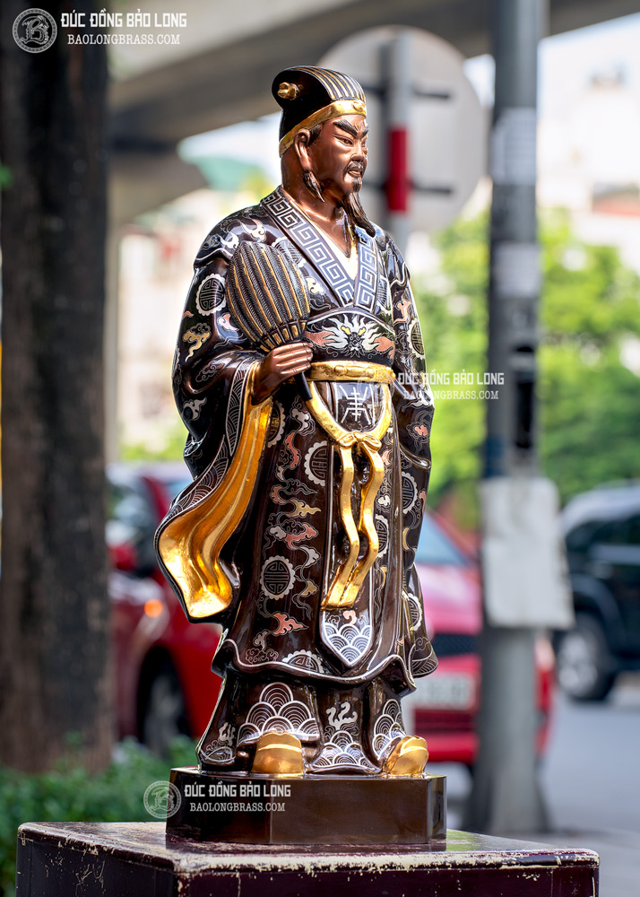 Tượng Khổng Minh Bằng Đồng Cao 69cm Khảm Ngũ Sắc, Dát Vàng 9999