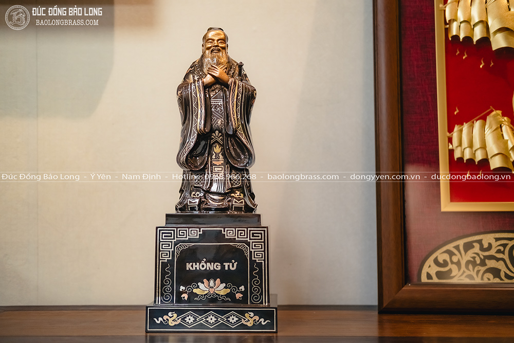 Tượng Khổng Tử Bằng Đồng Khảm Tam Khí Cao 42cm Bệ Vuông 2