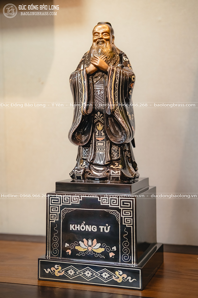 Tượng Khổng Tử Bằng Đồng Khảm Tam Khí Cao 42cm Bệ Vuông