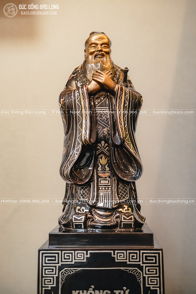 tượng khổng tử bằng đồng khảm tam khí 42cm bệ vuông
