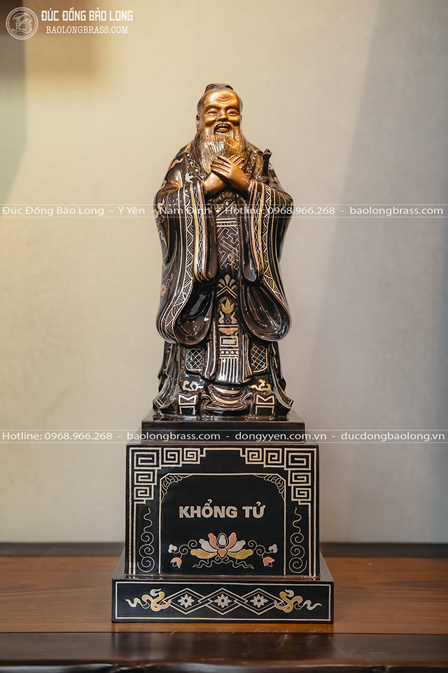 Tượng Khổng Tử Bằng Đồng Khảm Tam Khí Cao 42cm Bệ Vuông