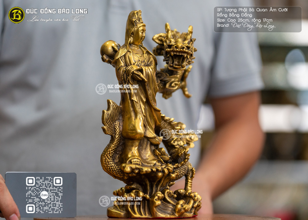 Tượng Phật Bà Quan Âm Cưỡi Rồng Bằng Đồng Cao 25cm