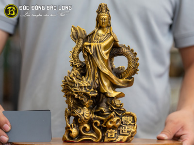 Tượng Phật Quan Âm Cưỡi Rồng Bằng Đồng Vàng Cao 24cm
