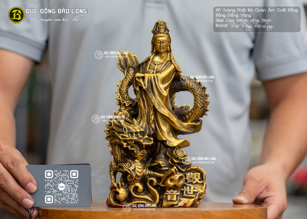 Tượng Phật Bà Quan Âm Cưỡi Rồng Bằng Đồng Cao 24cm