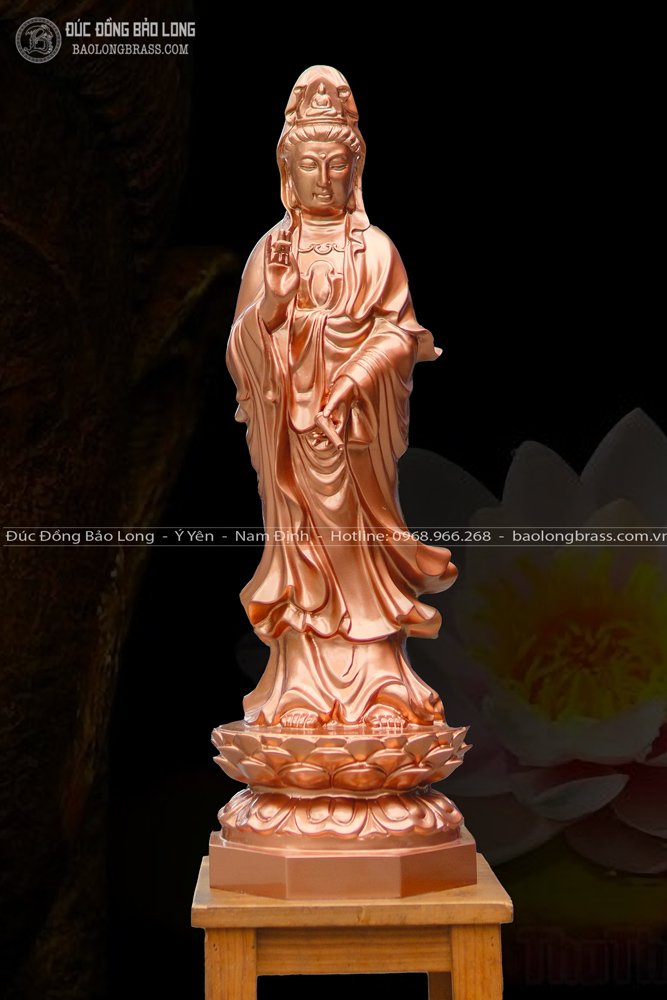 Tượng Phật Bà Quan Âm Bồ Tát Đứng Bệ Sen Bằng Đồng Đỏ Cao 61Cm