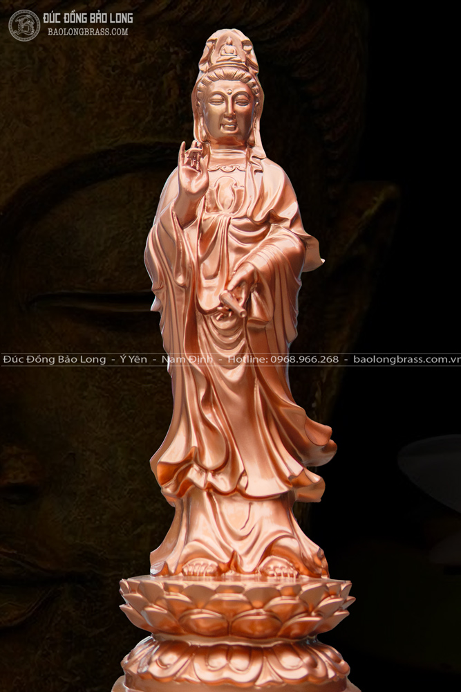 Tượng Phật Bà Quan Âm Bồ Tát Đứng Bệ Sen Bằng Đồng Đỏ Cao 61Cm