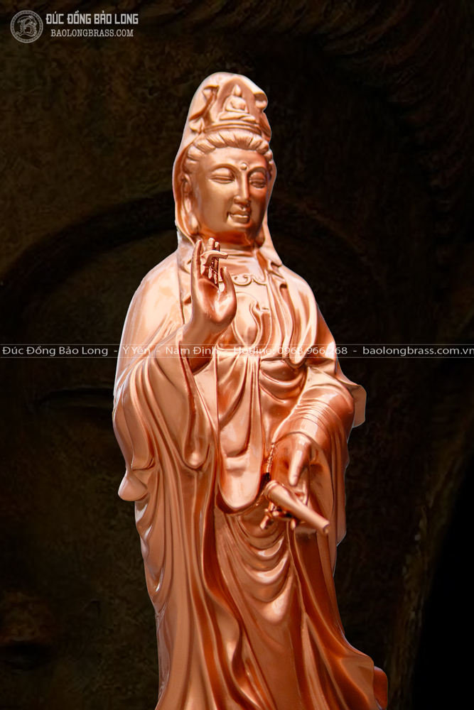 Tượng Phật Quan Âm Đứng Đài Sen Bằng Đồng Đỏ Cao 61cm 4 Tượng Phật Quan Âm đứng đài sen bằng đồng đỏ cao 61cm