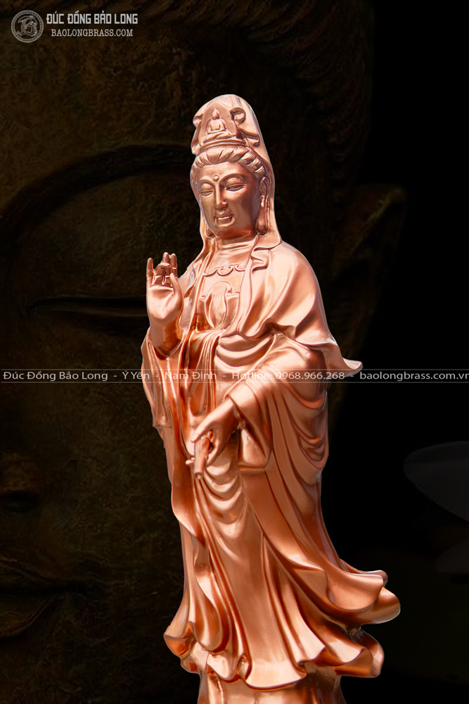 Tượng Phật Quan Âm Đứng Đài Sen Bằng Đồng Đỏ Cao 61cm 3 Tượng Phật Quan Âm đứng đài sen bằng đồng đỏ cao 61cm