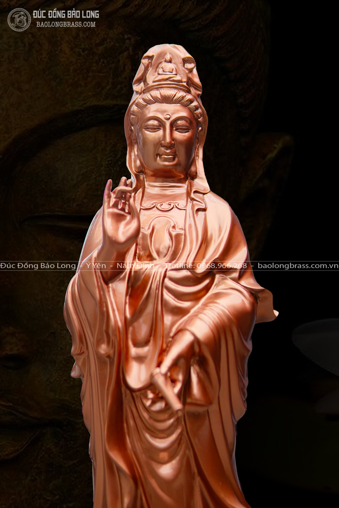 Tượng Phật Bà Quan Âm Bồ Tát Đứng Bệ Sen Bằng Đồng Đỏ Cao 61Cm