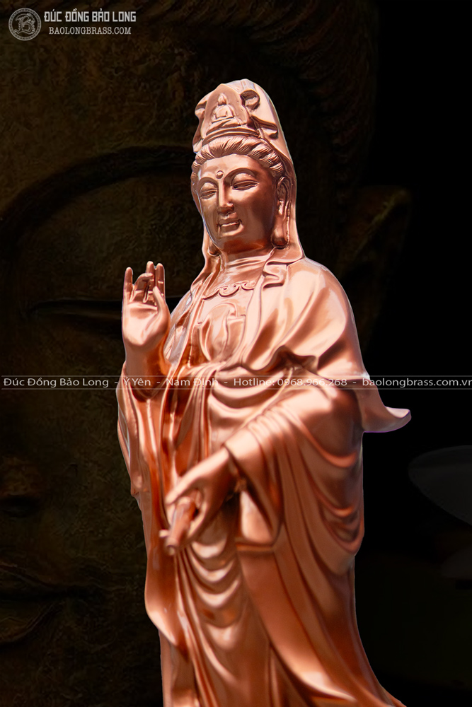 Tượng Phật Bà Quan Âm Bồ Tát Đứng Bệ Sen Bằng Đồng Đỏ Cao 61Cm
