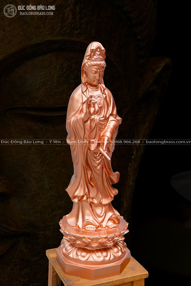 Tượng Phật Bà Quan Âm Bồ Tát Đứng Bệ Sen Bằng Đồng Đỏ Cao 61Cm