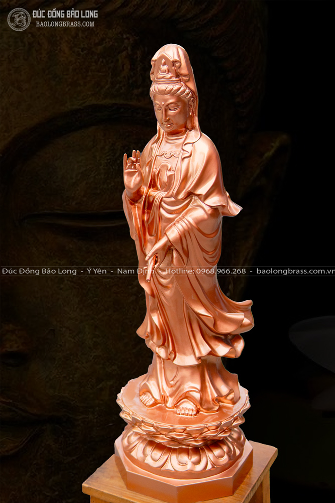 Tượng Phật Bà Quan Âm Bồ Tát Đứng Bệ Sen Bằng Đồng Đỏ Cao 61Cm