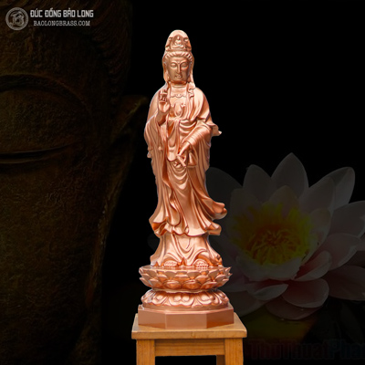 Tượng Phật Bà Quan Âm Bồ Tát Đứng Bệ Sen Bằng Đồng Đỏ Cao 61Cm