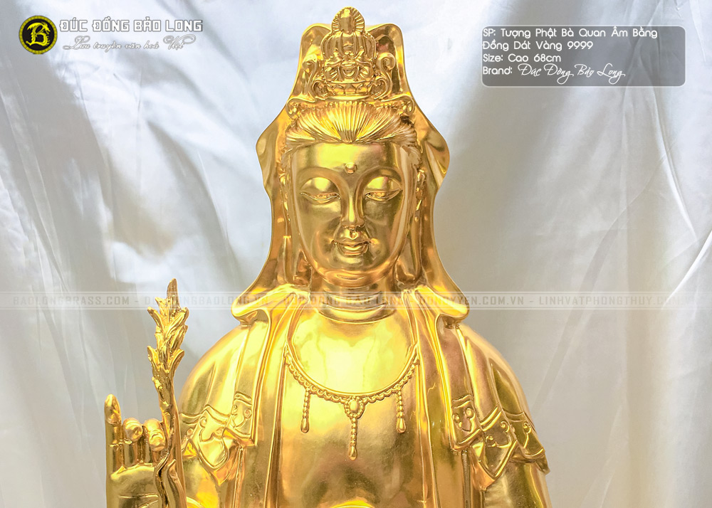 Tượng Phật Quan Âm Bằng Đồng Vàng Dát Vàng 9999 Cao 68cm