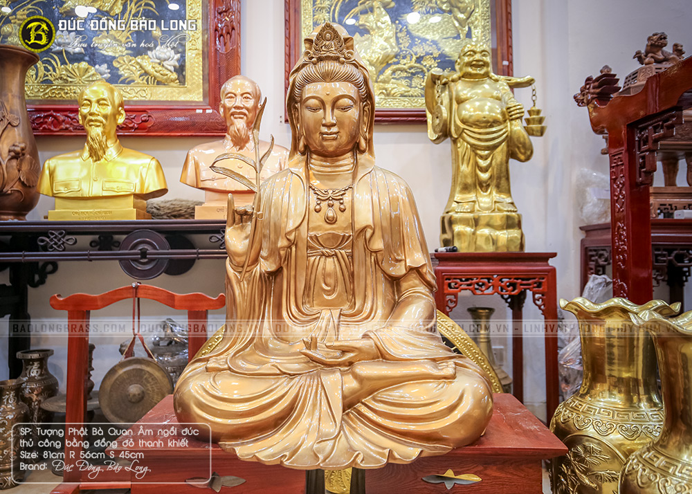 Tượng Phật Bà Quan Âm Ngồi Bằng Đồng Đỏ Cao 81cm