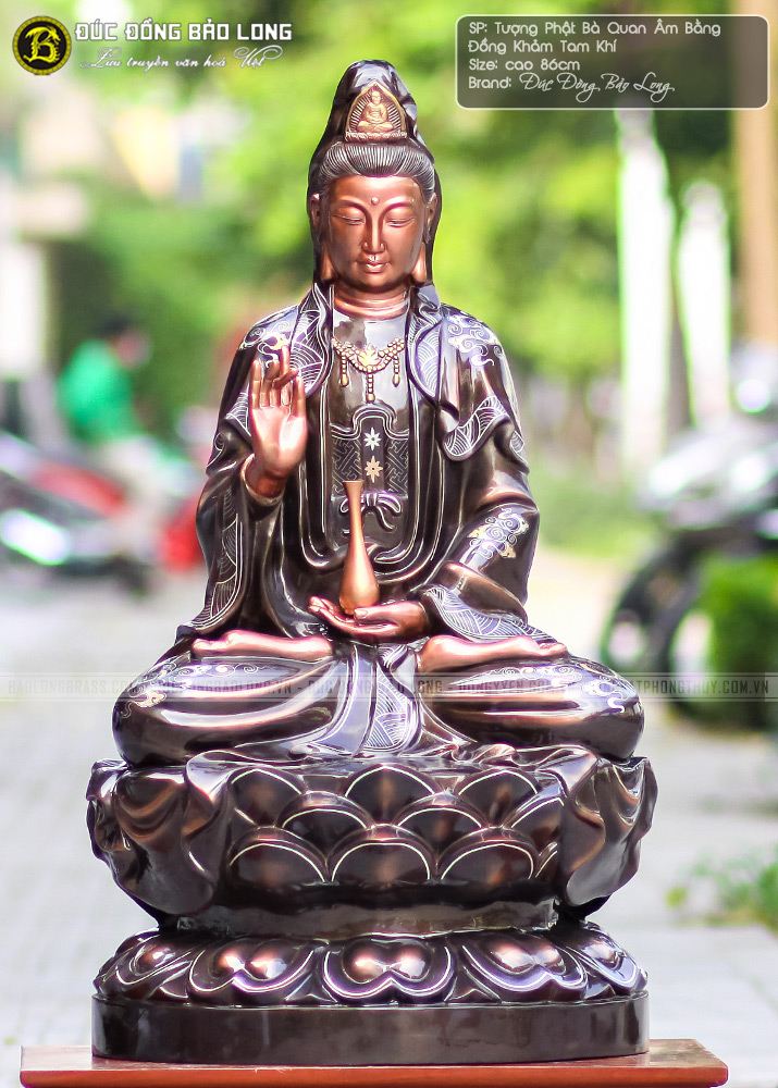 Tượng Phật Bà Quan Âm Bằng Đồng Cao 86cm Khảm Tam Khí 4 tượng Phật Bà Quan Âm bằng đồng cao 86cm khảm tam khí