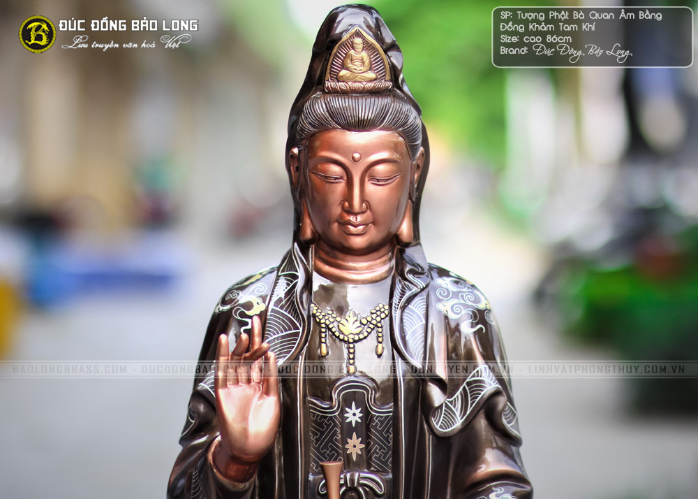 tượng Phật Bà Quan Âm bằng đồng cao 86cm khảm tam khí