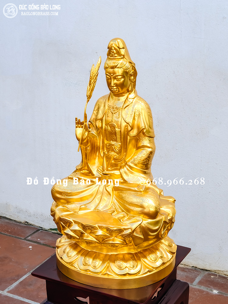 Tượng Phật Bà Quan Âm cầm nhành liễu bằng đồng dát vàng 24K cao 61cm