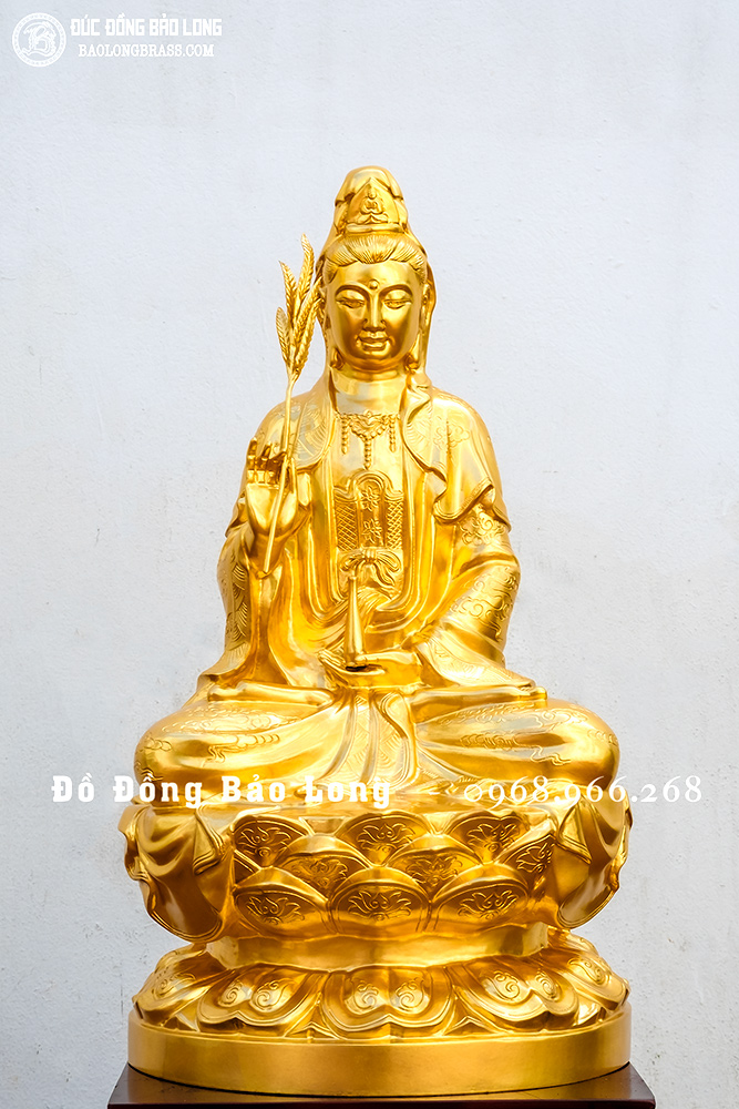 Tượng Phật Bà Quan Âm cầm nhành liễu bằng đồng dát vàng 24K cao 61cm
