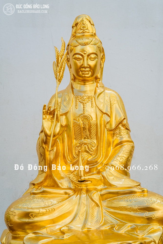 Tượng Phật Bà Quan Âm cầm nhành liễu bằng đồng dát vàng 24K cao 61cm