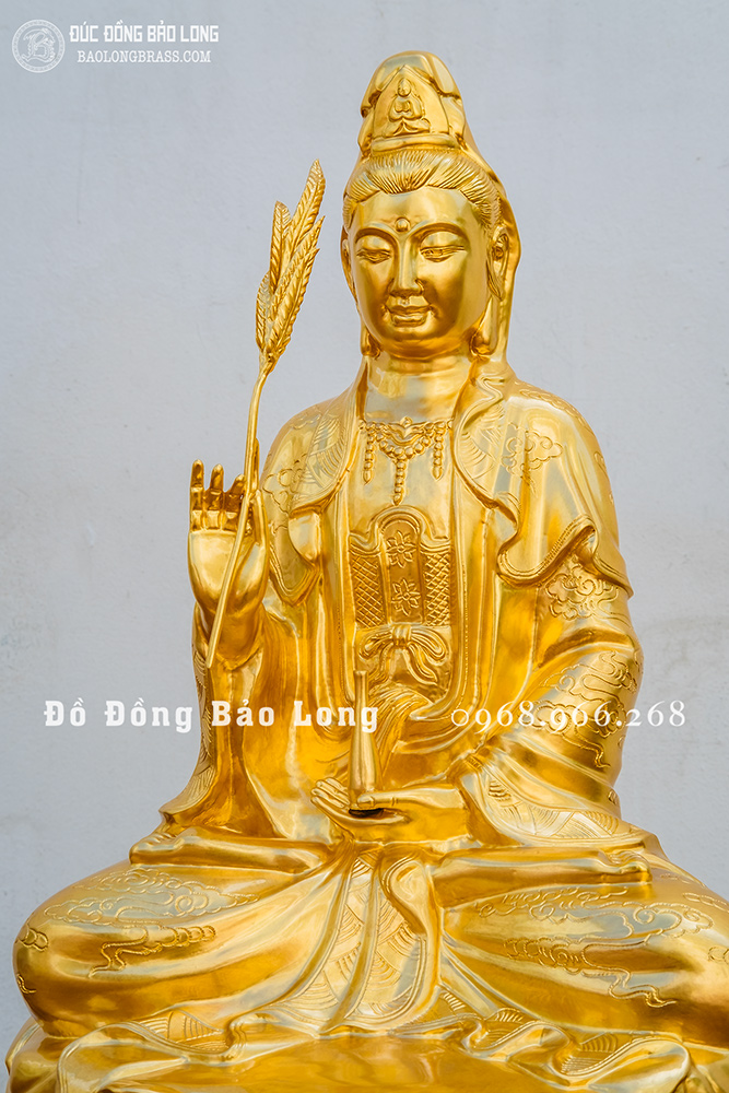 Tượng Phật Bà Quan Âm cầm nhành liễu bằng đồng dát vàng 24K cao 61cm