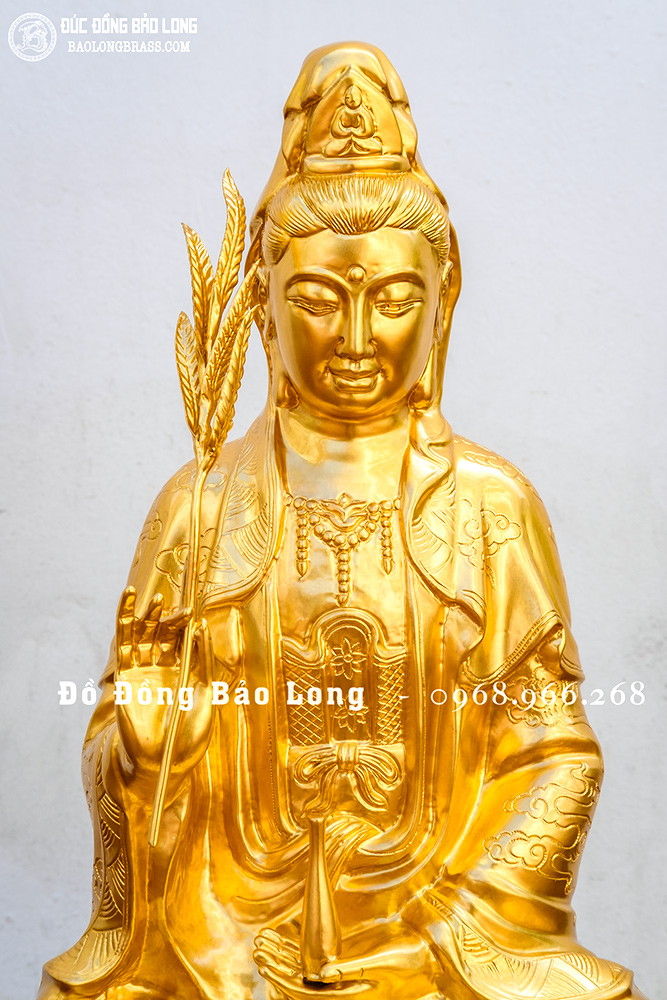 Tượng Phật Bà Quan Âm cầm nhành liễu bằng đồng dát vàng 24K cao 61cm