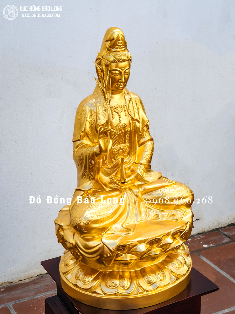 Tượng Phật Bà Quan Âm cầm nhành liễu bằng đồng dát vàng 24K cao 61cm