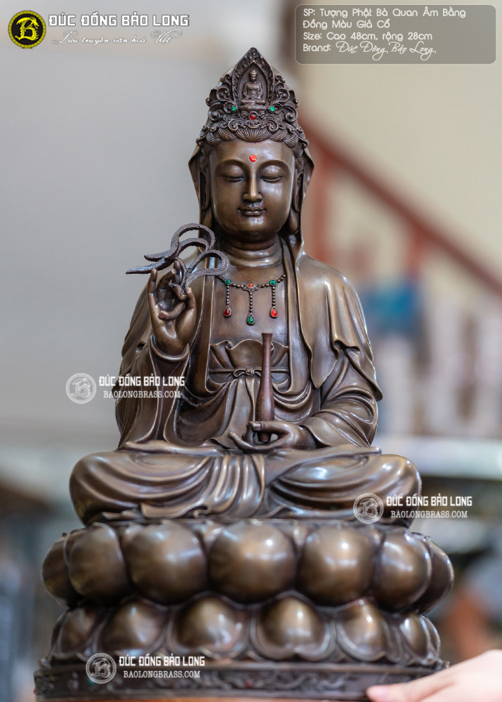Tượng Phật Bà Quan Âm Bằng Đồng Cao 48cm Màu Trầm Cổ