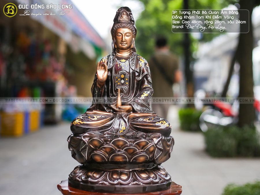 Tượng Đồng Phật Bà Quan Âm Cao 48cm Khảm Điểm Vàng