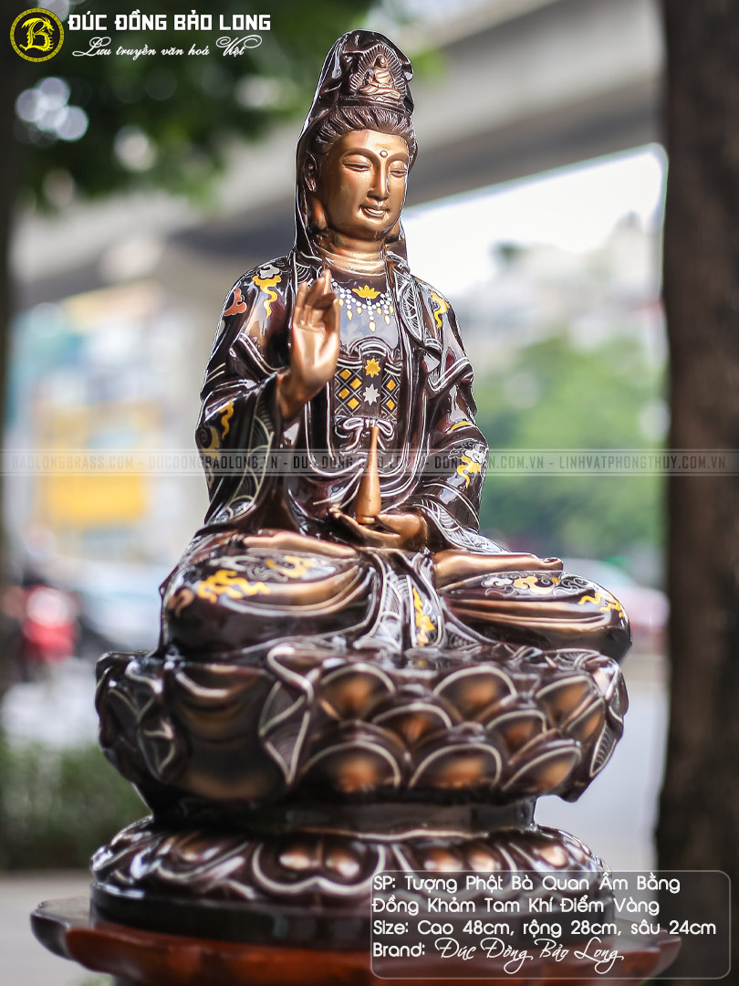 Tượng Đồng Phật Bà Quan Âm Cao 48cm Khảm Điểm Vàng