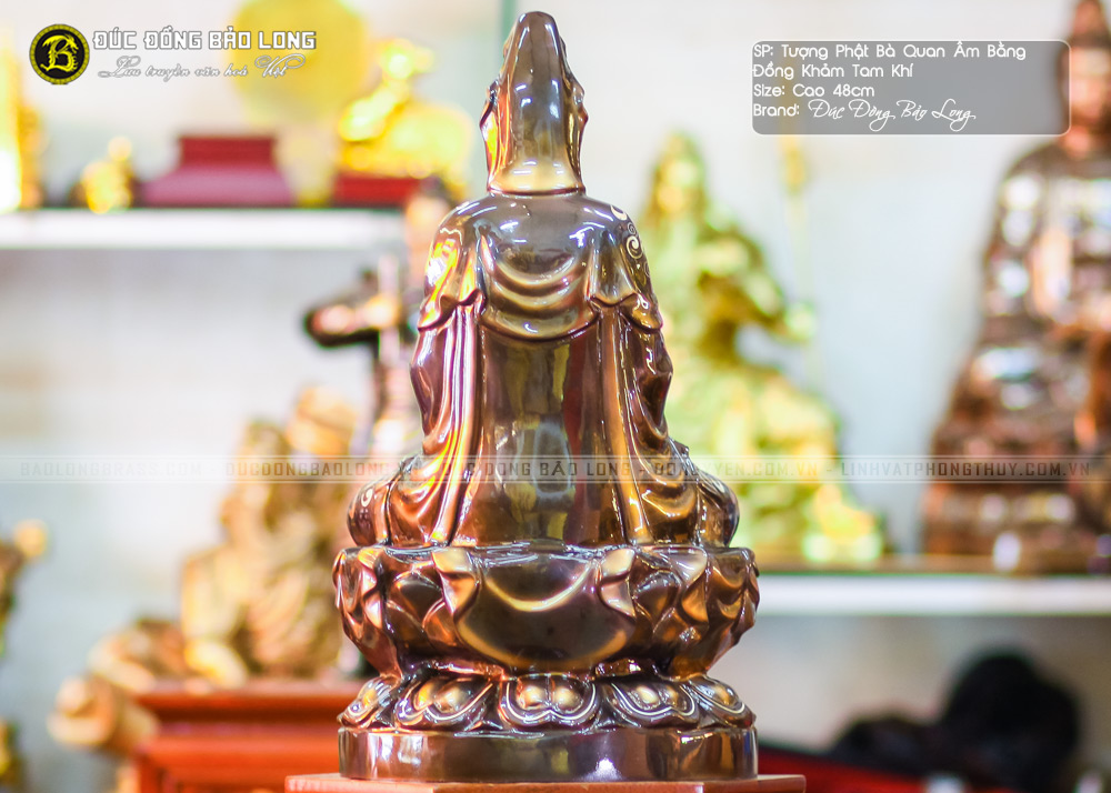 Tượng Phật Quan Âm Bằng Đồng Khảm Tam Khí Cao 48cm