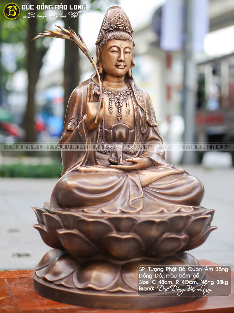 Tượng Phật Quan Âm bằng đồng đỏ cao 48cm