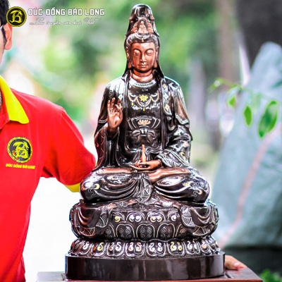Tượng Phật Quan Âm Bằng Đồng Khảm Tam Khí Điểm Vàng Cao 61cm
