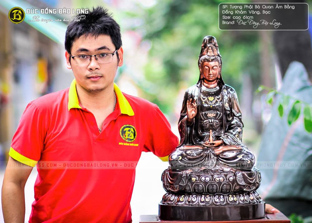 tượng Phật Quan Âm bằng đồng khảm tam khí điểm vàng cao 61cm