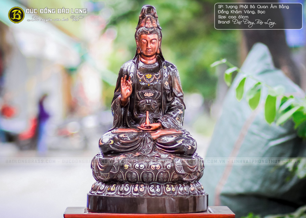 tượng Phật Bà Quan Âm khảm Tam khí 61cm