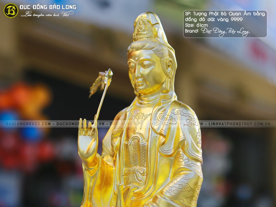 Tượng Phật Bà Quan Âm Bằng Đồng Cao 61cm Dát Vàng 9999