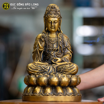 Tượng Phật Bà Quan Âm Áo Hoa Bằng Đồng 30cm Màu Trầm Cổ