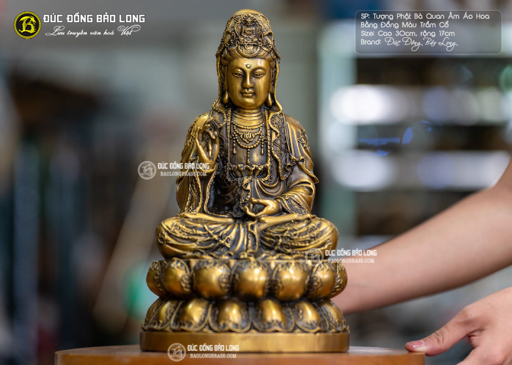 tượng Phật Bà quan Âm 30cm ngồi đài sen bằng đồng