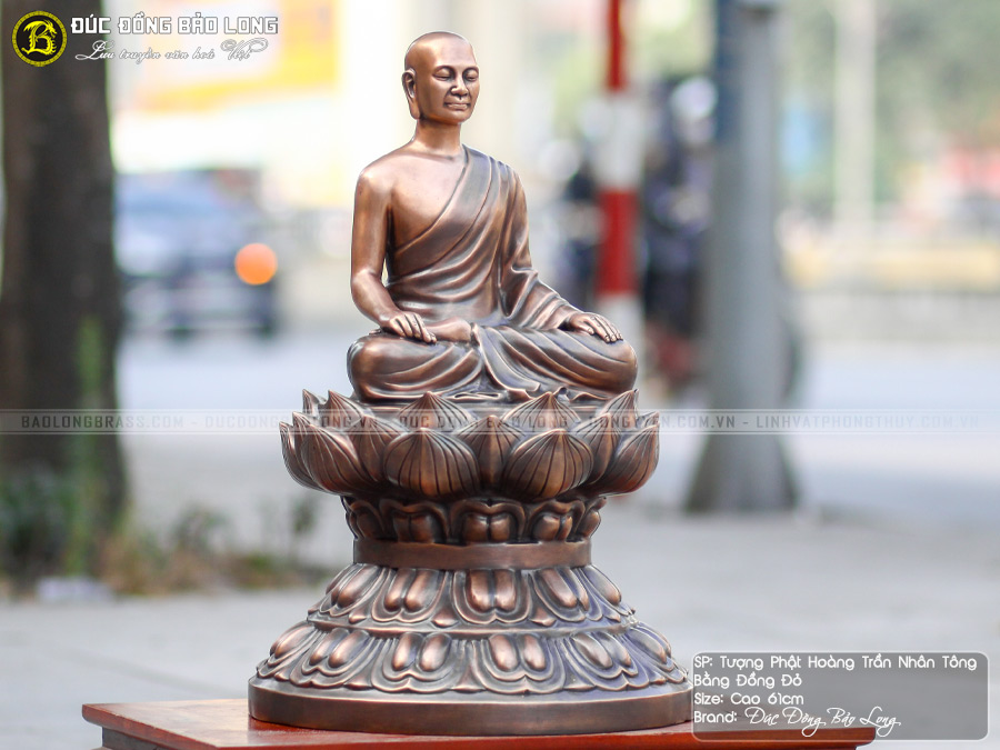 Tượng Phật Hoàng Tràn Nhân Tông Ngồi Đài Sen Bằng Đồng Đỏ Màu Trầm Cổ Cao 61cm
